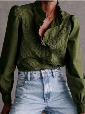 Sezane Lou Shirt In Perfect Green long sleeve embroidery eyelet Size 34 US 2